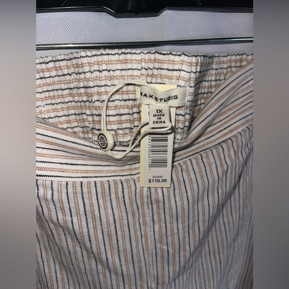Max Studio Linen Yarn Dye Stripe Pant in Khaki White Black 1X - Picture 2 of 7
